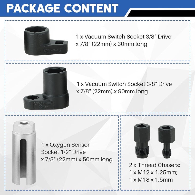 weyleity Automotive Oxygen Sensor Socket Set | 5 Pcs Offset Wrench Remover and Thread Chaser Kit for O2 Sensors - Image 2